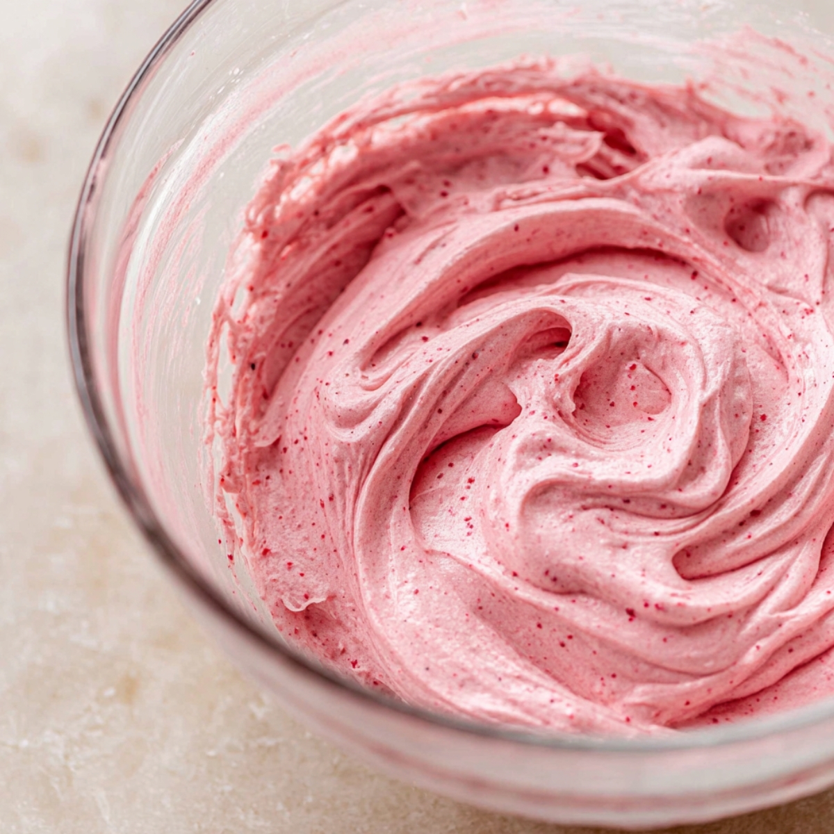 Best Lemon Raspberry Jam Cupcakes 11 A glass mixing bowl filled with creamy pink raspberry frosting, swirled smoothly with visible raspberry specks, ready to be piped on cupcakes.
