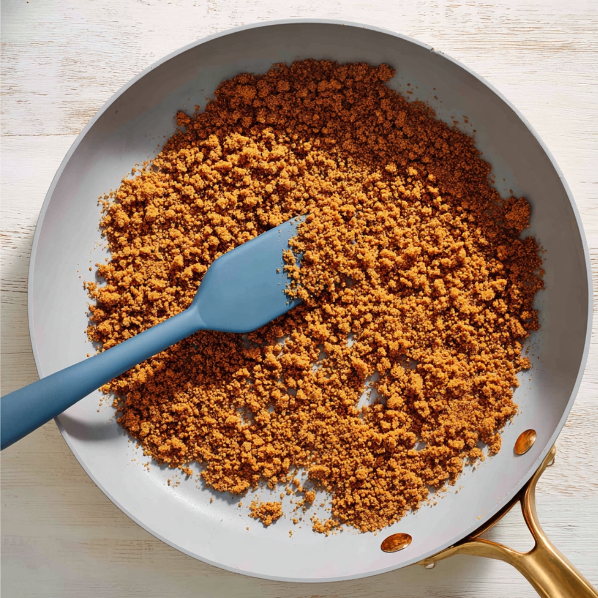 Easy Pumpkin Pie in a Jar Recipe 11 Close-up of crushed cookie crumbs in a skillet with a blue spatula, ready to form the crust layer for a dessert.