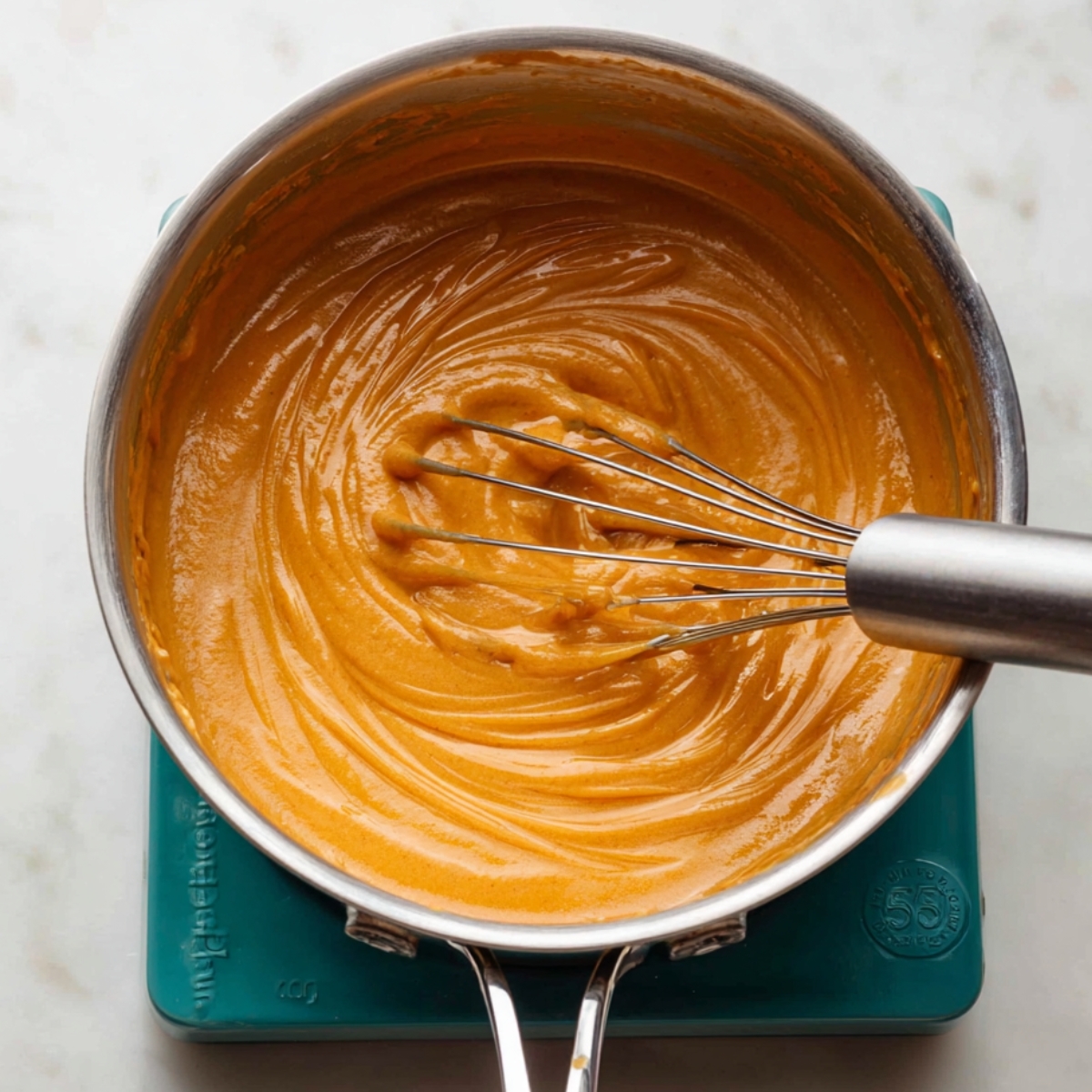 Easy Pumpkin Pie in a Jar Recipe 10 Smooth and creamy pumpkin filling being whisked in a stainless steel pot, showcasing its rich orange texture.