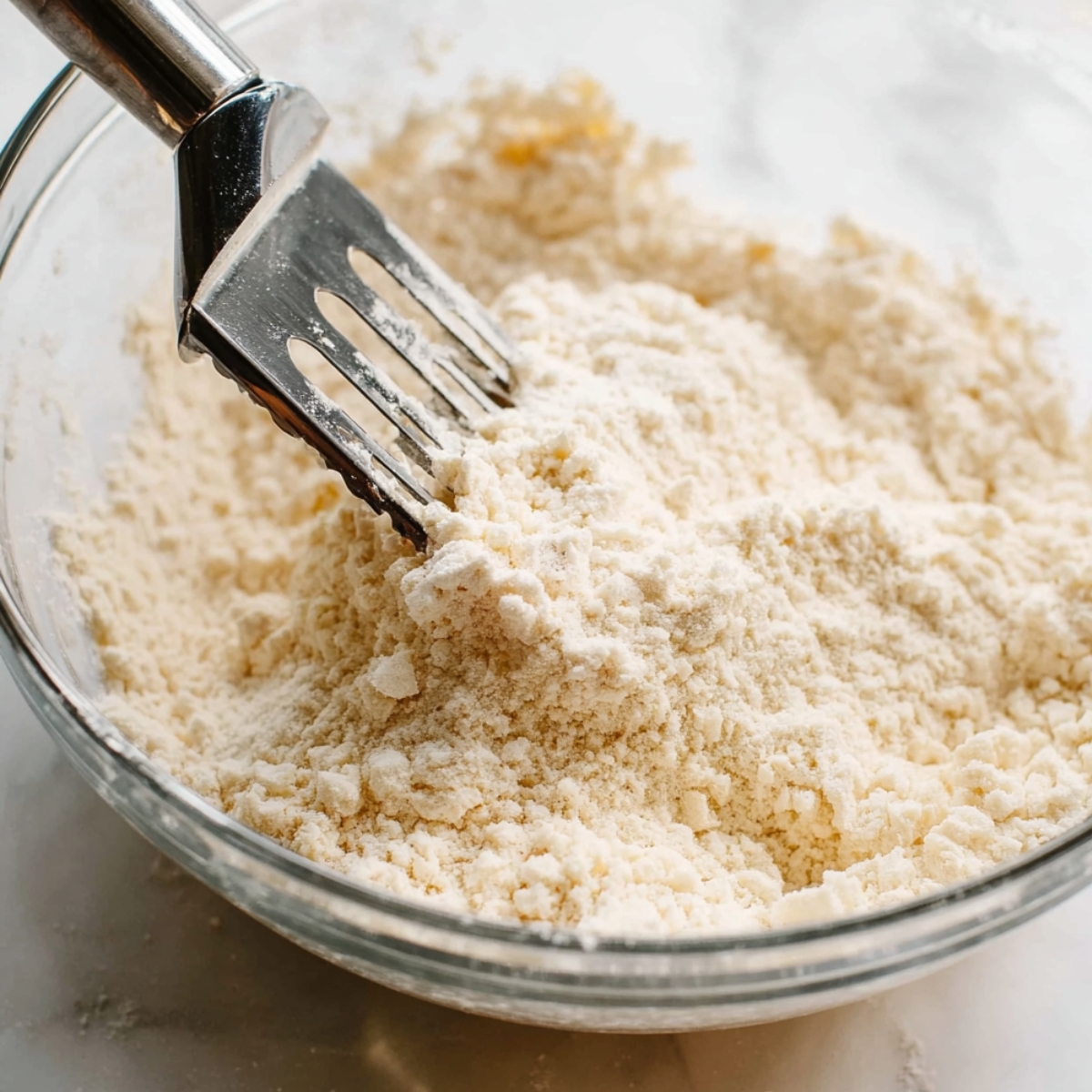 Easy Apple Galette Recipe 10 Glass bowl with flour mixture being cut with a pastry cutter to form a crumbly dough, ready for making pie or galette crust.