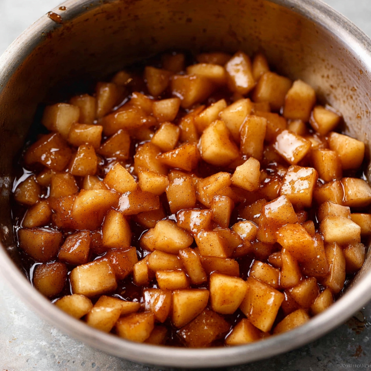 Homemade Apple Turnovers Recipe 10 Pan of diced apples mixed with cinnamon and sugar, ready to be used as apple turnover filling.