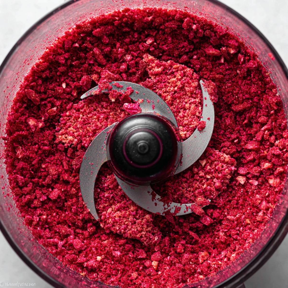 Frosted Strawberry Cookies Recipe 10 Bright red freeze-dried strawberries being ground into fine crumbs in a food processor.