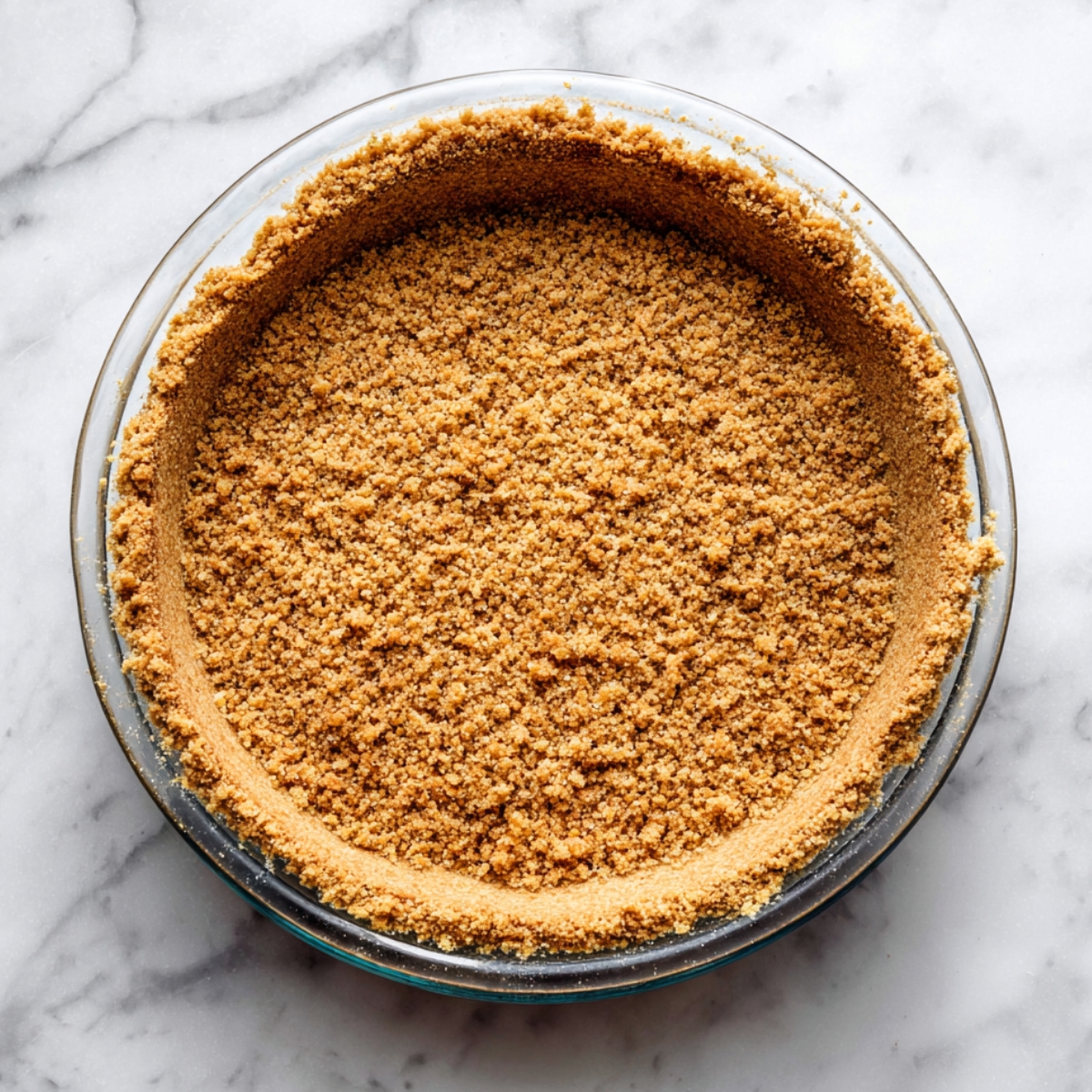 Easy S'mores Brownie Pie Recipe 10 Homemade graham cracker pie crust pressed into a glass pie dish on a white marble surface.