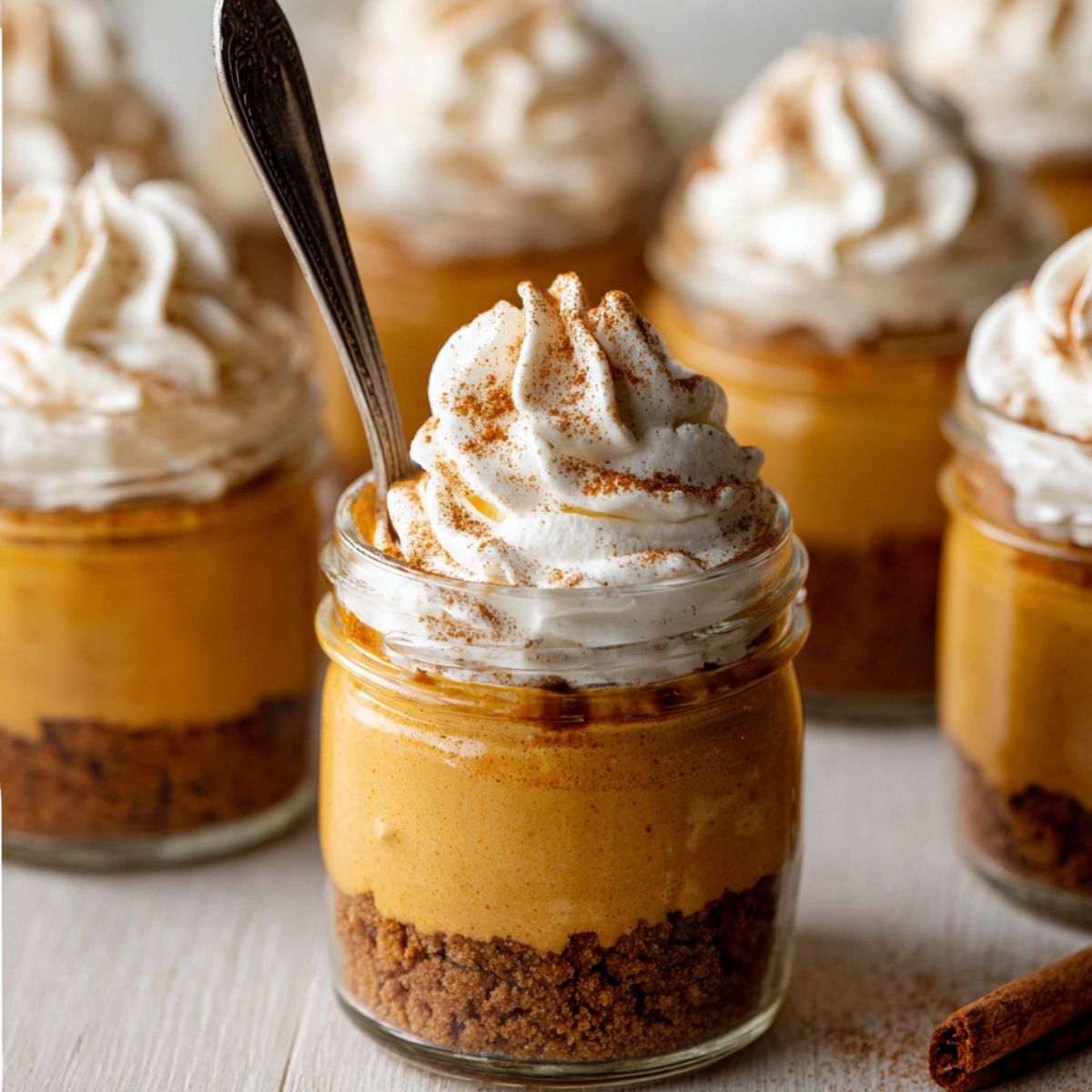 Individual Pumpkin Pie in a Jar with a Biscoff cookie crust, topped with creamy pumpkin filling and swirls of whipped cream sprinkled with cinnamon, perfect fall dessert presentation.