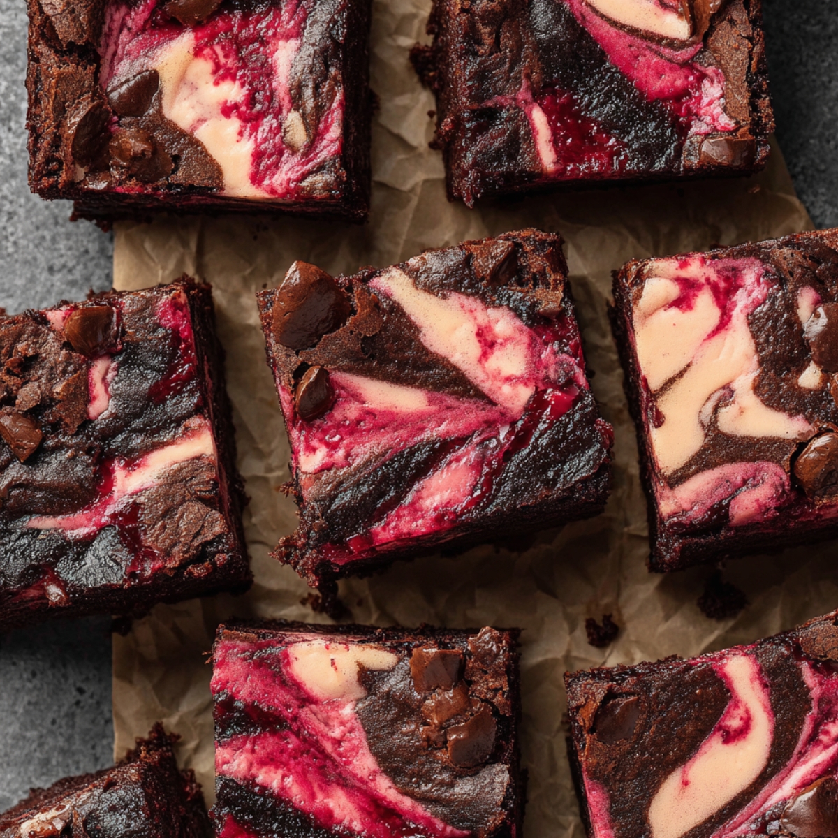 Fudgy Raspberry Cheesecake Brownies cut into squares with vibrant pink cheesecake swirls and chocolate chunks on parchment paper.