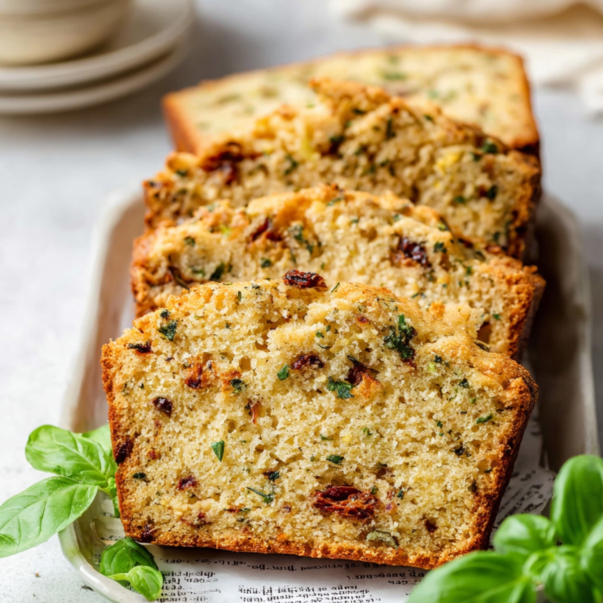 Slices of baked Savory Quick Bread with herbs and sun-dried tomatoes on a plate.