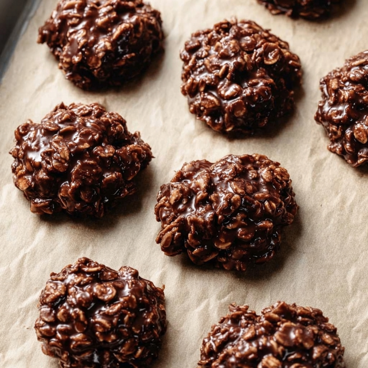 Chocolate Peanut Butter No-Bake Cookies 11 Scooping chocolate no-bake cookie dough onto a baking sheet with a spoon, ready to set.