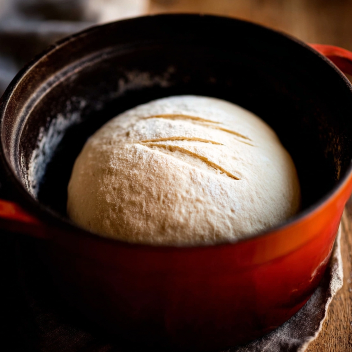 Beginner Sourdough Bread Recipe 11 Smooth sourdough bread dough with decorative scoring resting inside a red Dutch oven on a rustic wooden table before baking.