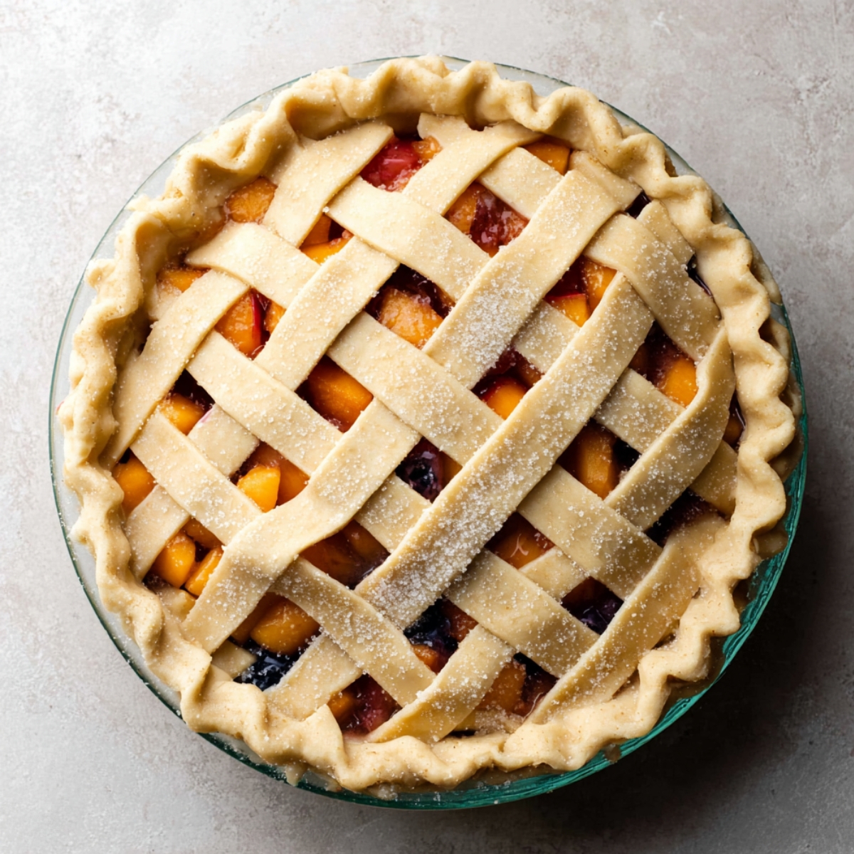 Easy Blueberry Peach Pie Recipe 11 Unbaked blueberry and peach pie with the edges of the crust neatly sealed and crimped, ready to bake in a glass pie dish.