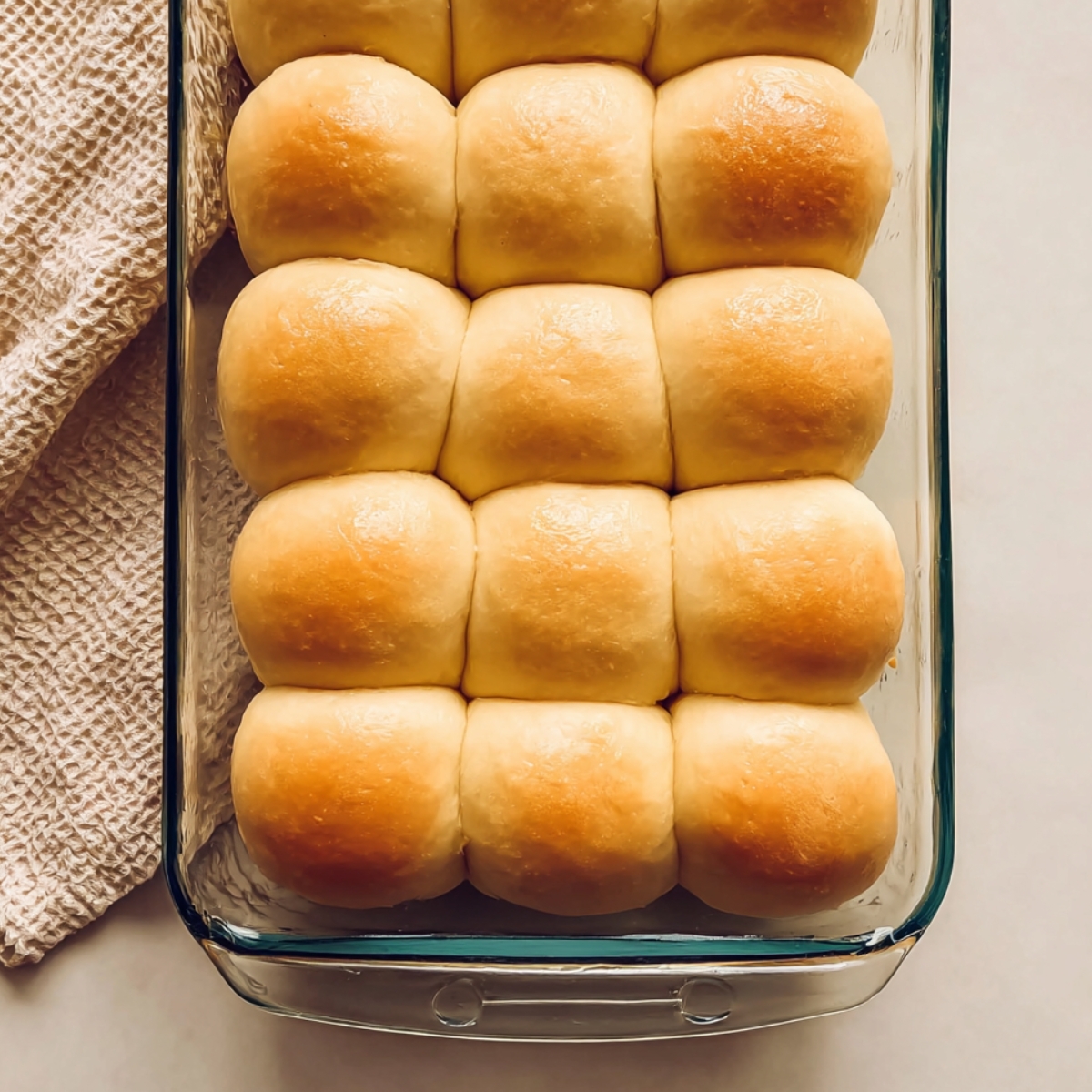 Sweet Potato Rolls Recipe 11 Soft sweet potato rolls rising in a glass dish.