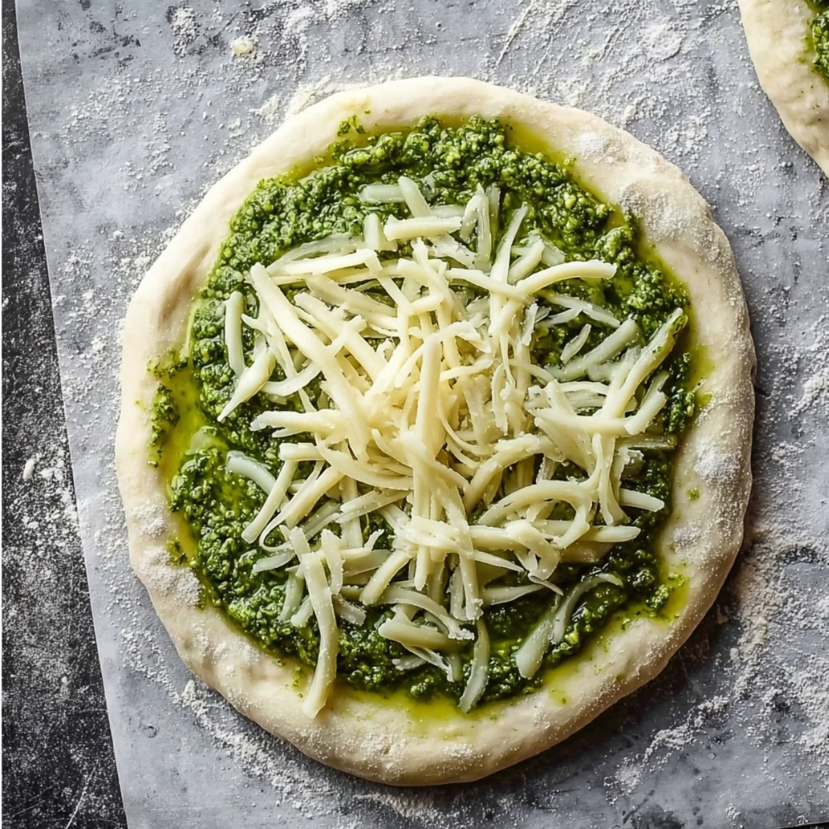 Homemade Pesto Pull Apart Bread 10 Individual pizza-style dough with pesto and shredded cheese before baking.