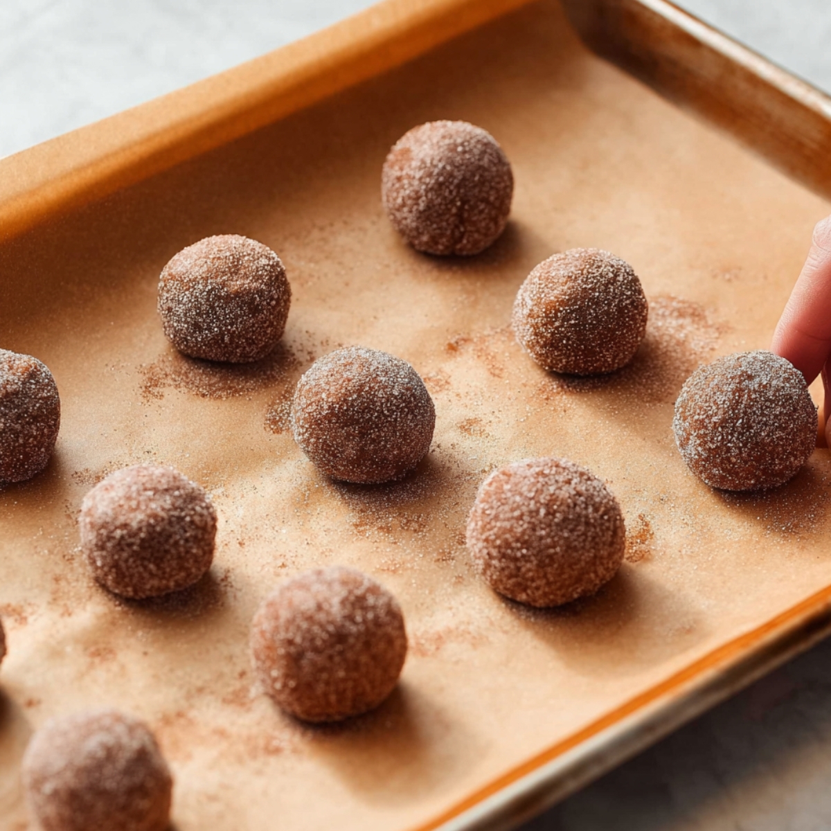 Easy Chocolate Snickerdoodles Recipe 11 Raw chocolate cookie dough balls coated in sugar, arranged on a parchment-lined baking sheet ready to bake.