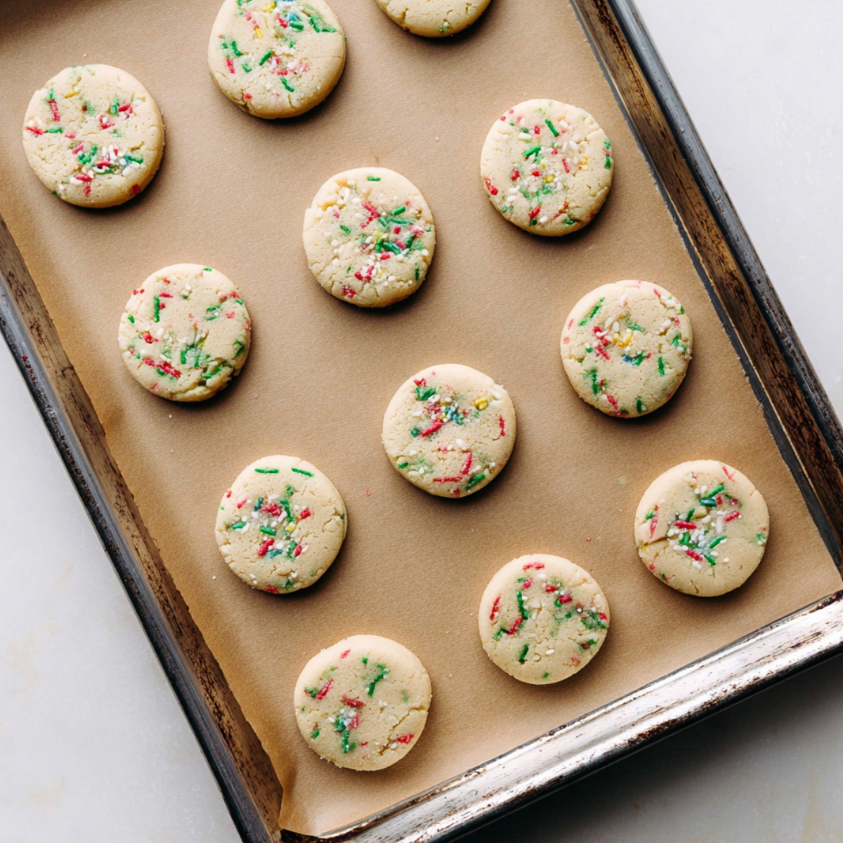 Easy Almond Flour Sugar Cookies Recipe 11 Unbaked almond flour sugar cookies with holiday sprinkles on a parchment-lined baking sheet.
