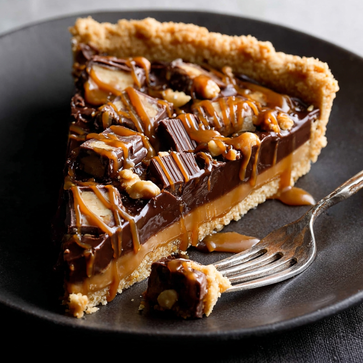 Slice of Snickers Caramel Tart on a black plate, fork cutting a piece