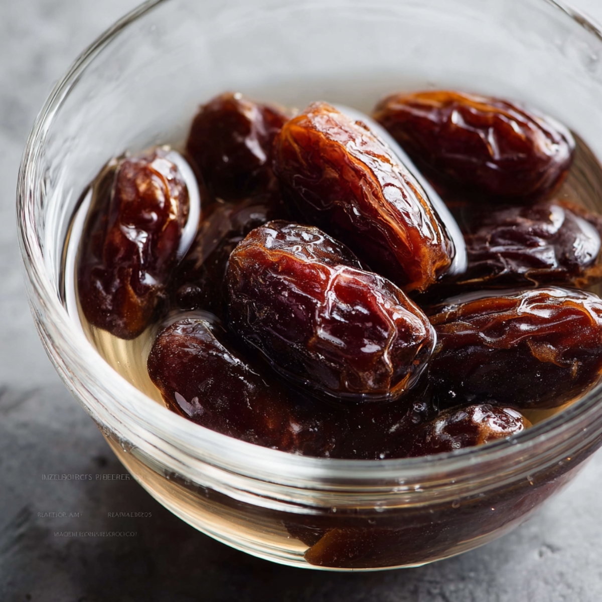 No-Bake Greek Yogurt Fruit Tart 10 Medjool dates soaking in water in a glass bowl.