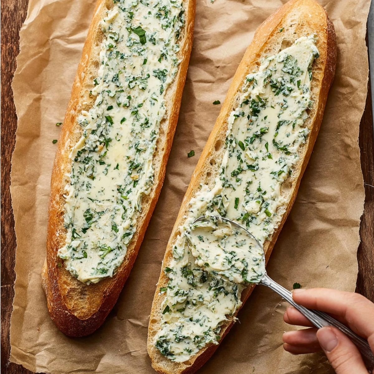 Easy Homemade Garlic Bread Recipe 11 Top-down garlic herb butter on baguette, parsley visible, rustic parchment, photorealistic