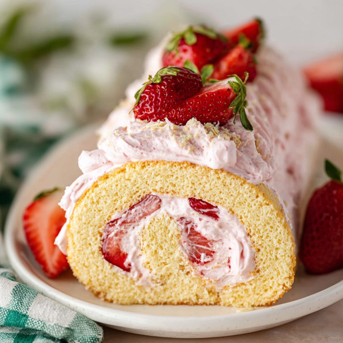 Slice of Strawberry Cake Roll filled with whipped strawberry cream, decorated with fresh strawberries on top, served on a plate.