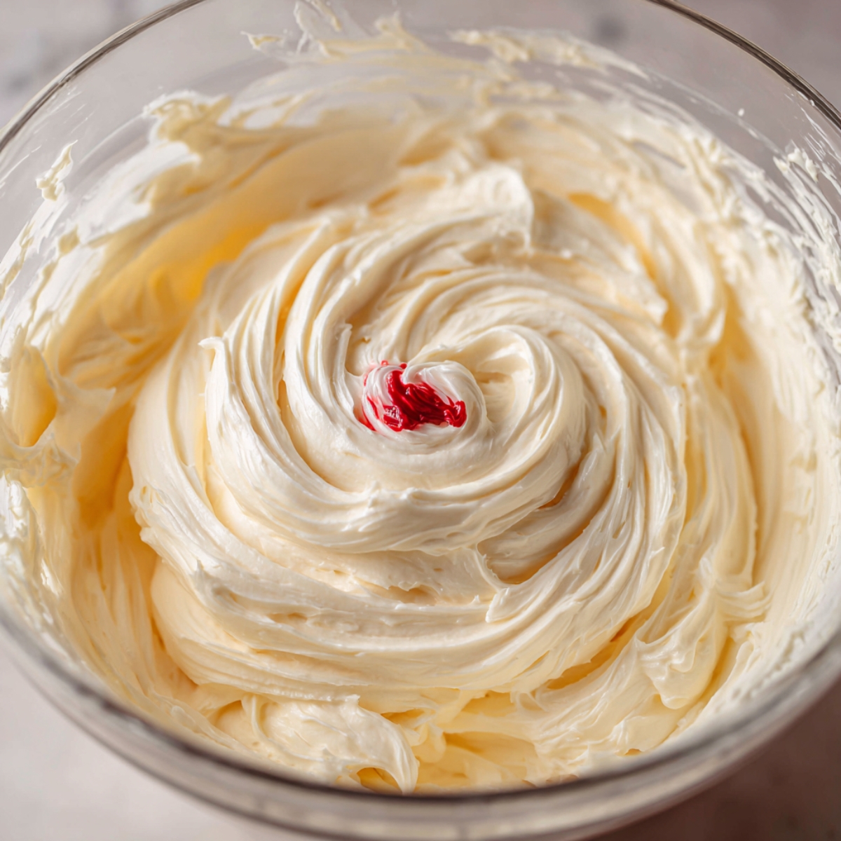 Copycat Magnolia Bakery Cupcakes 11 Close-up of creamy vanilla buttercream frosting in a glass bowl with a small drop of red food coloring in the center, ready to be mixed and piped onto cupcakes.