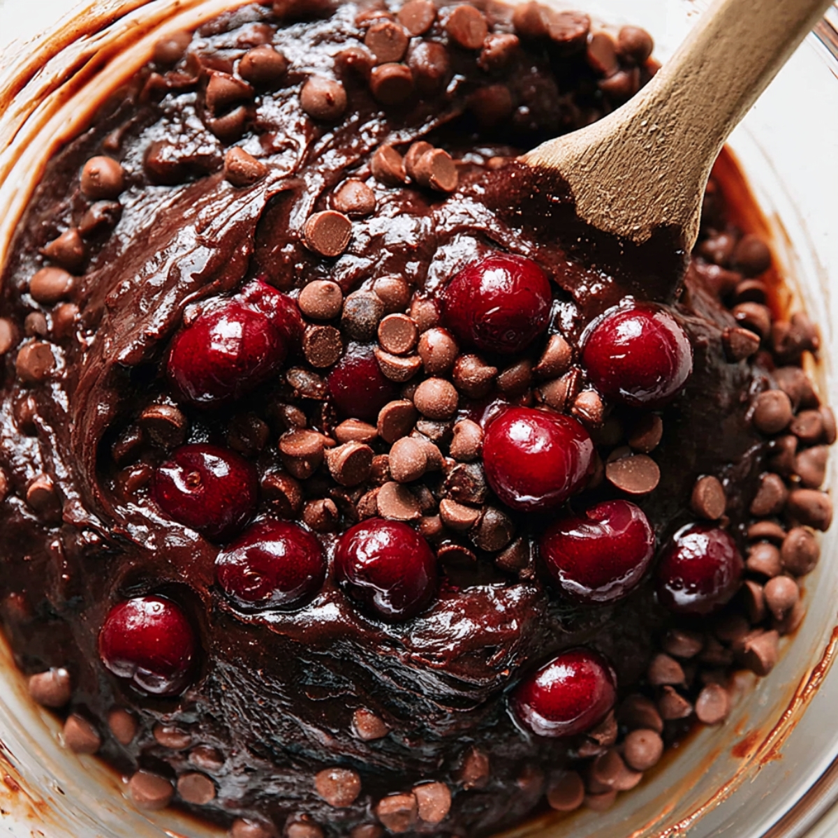 Roasted Chocolate Cherry Brownies 11 Thick chocolate brownie batter in a glass mixing bowl topped with fresh red cherries and mini chocolate chips, being folded together with a wooden spoon in a close-up baking preparation scene.