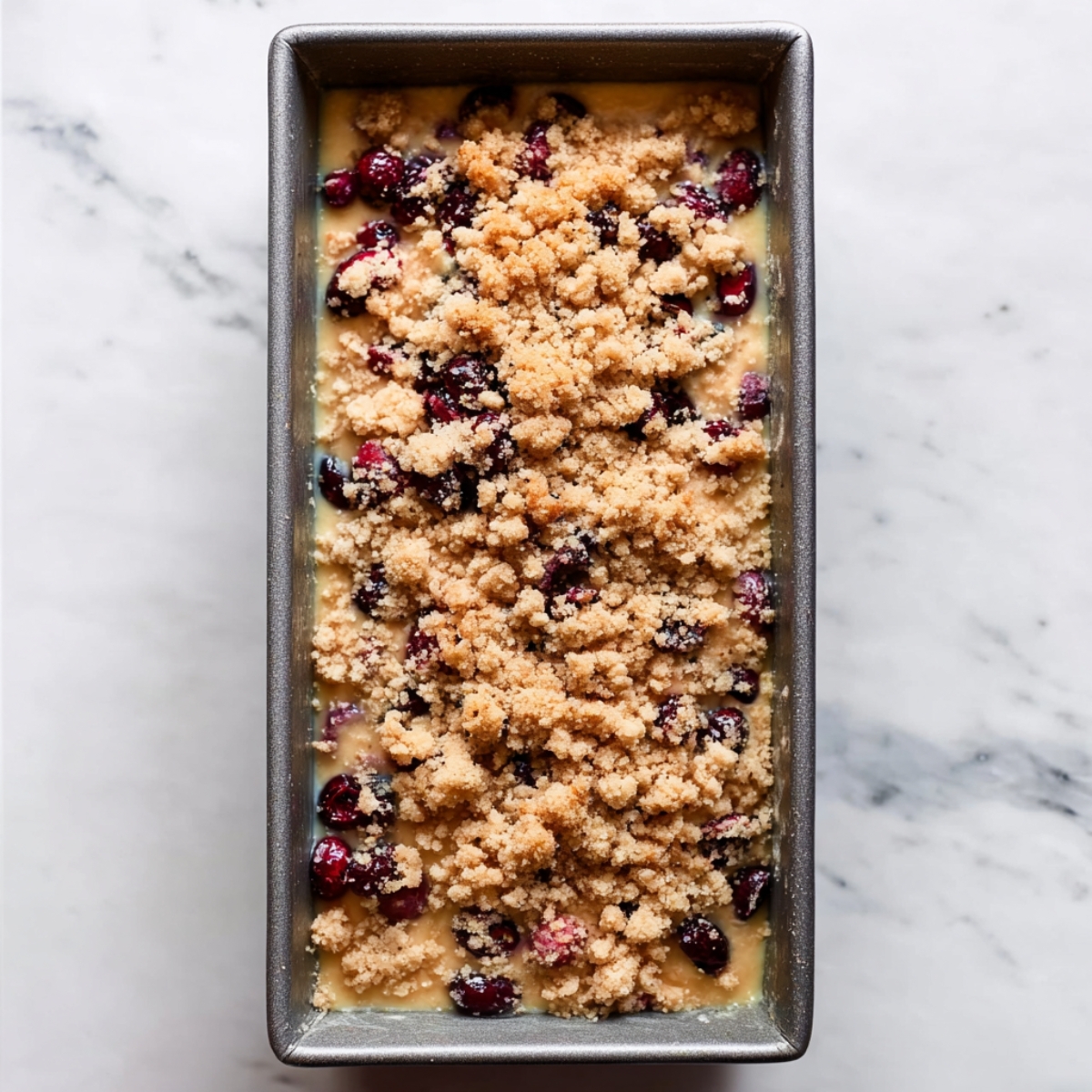 Easy Orange Glazed Cranberry Bread 11 Unbaked cranberry loaf batter topped with fresh cranberries and a buttery streusel crumble in a metal loaf pan, viewed from above on a marble surface.