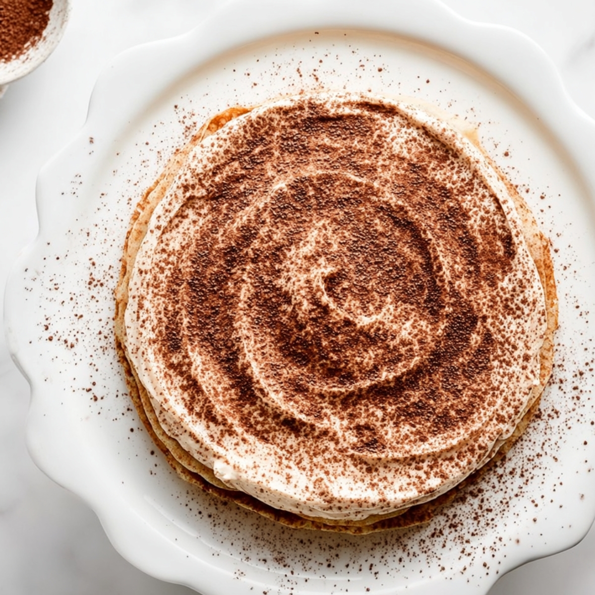 The Best Tiramisu Crepe Cake Recipe 11 Top-down view of a tiramisu crepe cake layered with mascarpone cream and dusted generously with cocoa powder, resting on a white scalloped serving plate with cocoa sprinkled around the edges.