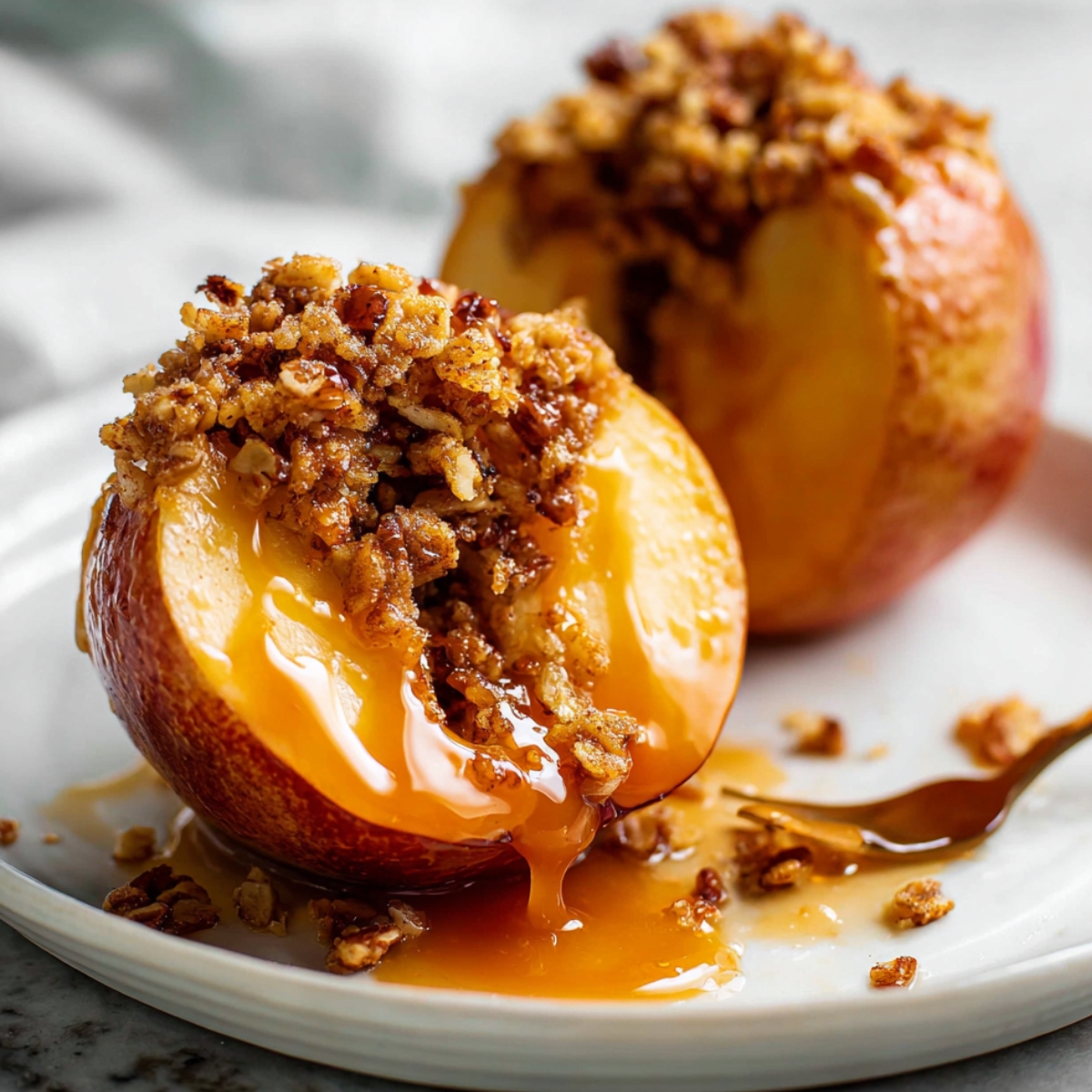 Close-up of warm Baked Apples filled with a crunchy oat and pecan crumble topping, drizzled with rich caramel sauce and served on a white plate for a cozy fall dessert.