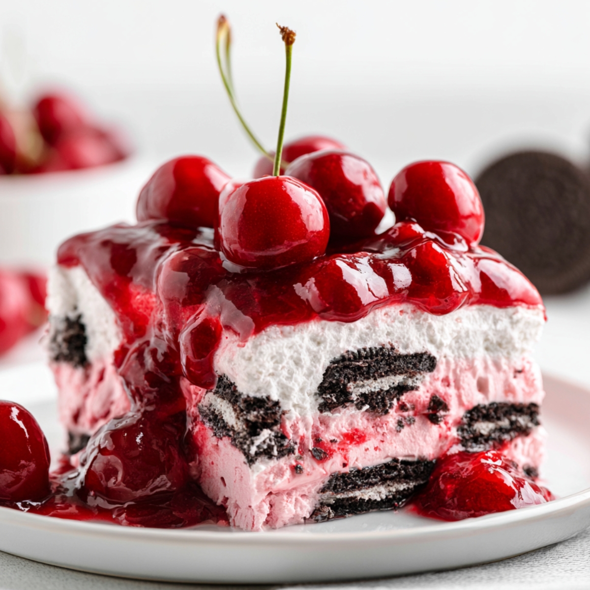 Slice of Black Forest Icebox Cake topped with glossy cherry pie filling and whole cherries, featuring layers of pink cream and chocolate sandwich cookies.