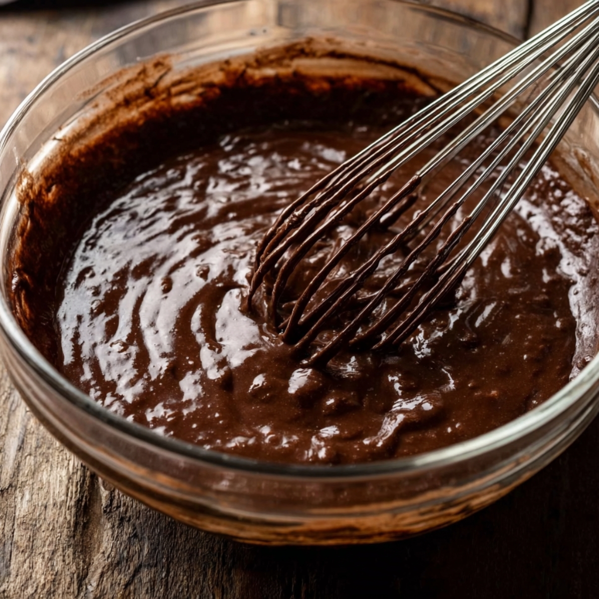 Espresso Chocolate Chip Cake 10 Rich glossy chocolate cake batter in a glass mixing bowl with a metal whisk, thick moist texture, rustic wooden surface, close-up baking process photography.
