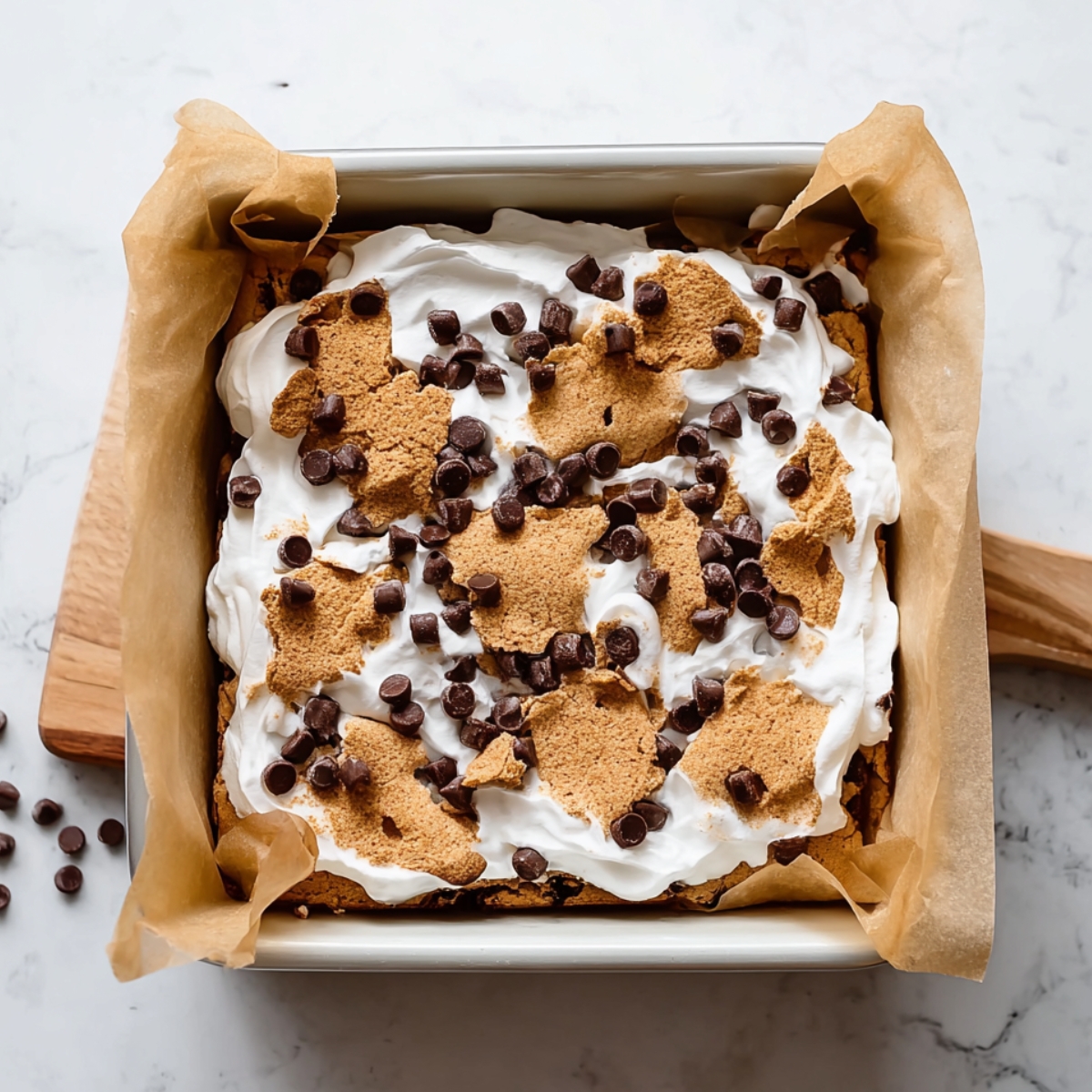 Easy S'mores Cookie Bars Recipe 11 S’mores dessert bars layered in a parchment-lined baking pan with marshmallow creme, chocolate chips, and graham cookie dough pieces, top view homemade baking preparation scene.