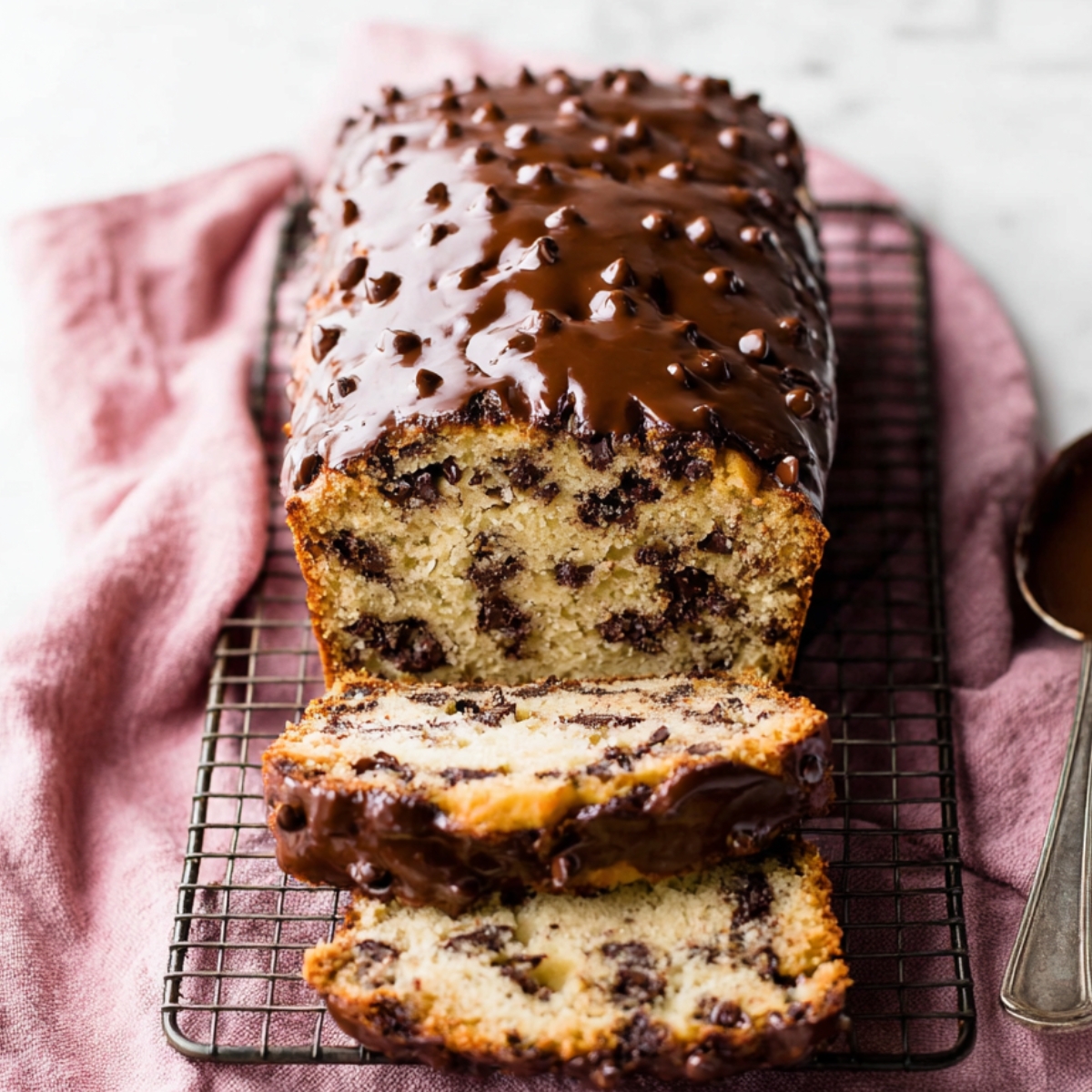 Chocolate Chip Loaf Cake topped with glossy chocolate glaze and mini chocolate chips, sliced and served on a cooling rack with a pink linen cloth.