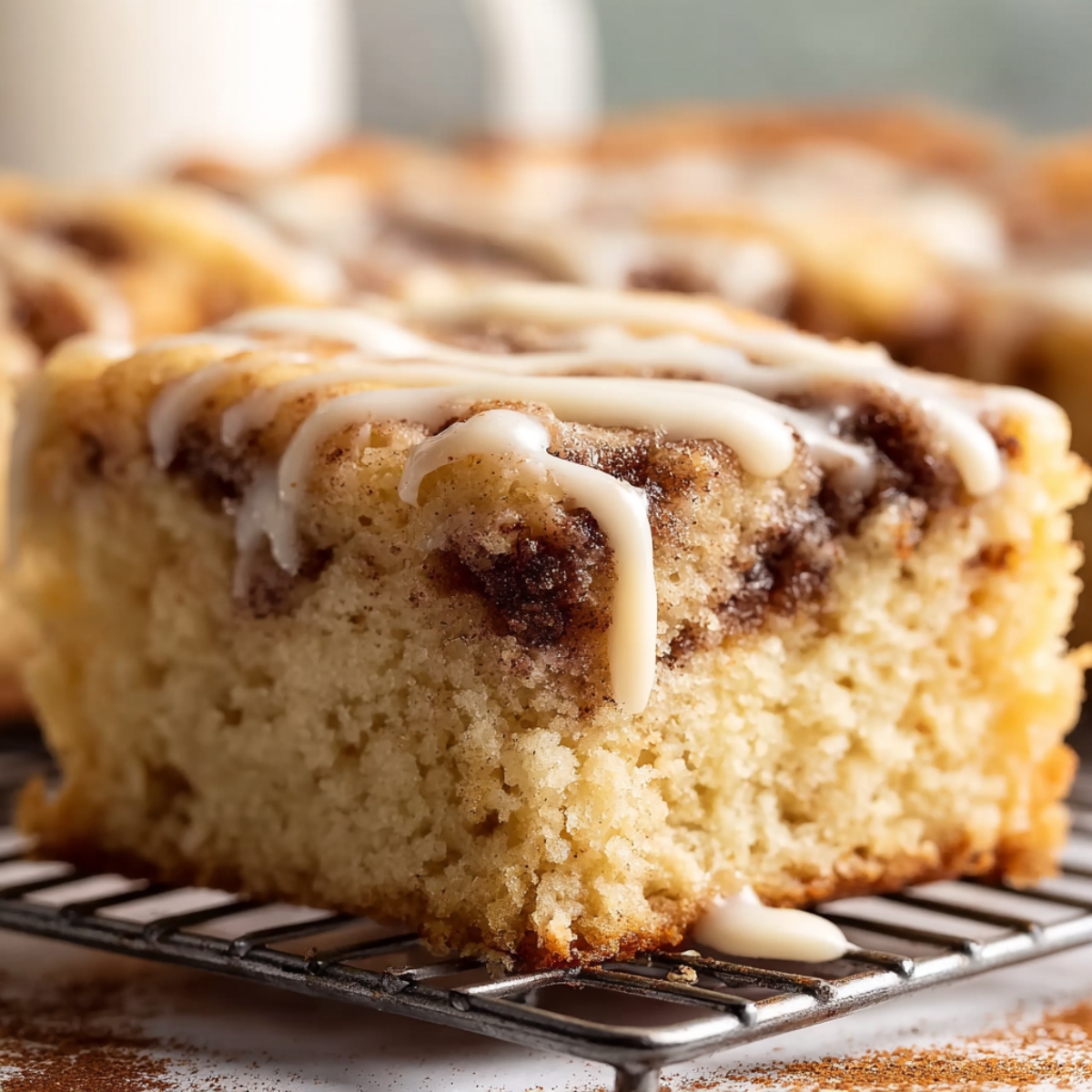 Moist cinnamon roll coffee cake squares topped with vanilla glaze, showcasing swirls of cinnamon filling and a tender crumb.