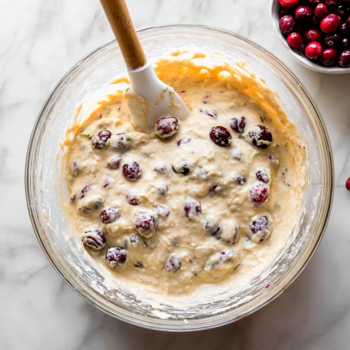 Easy Orange Glazed Cranberry Bread 10 Thick cranberry orange bread batter mixed with whole cranberries in a clear glass bowl, stirred with a white silicone spatula on a marble countertop.