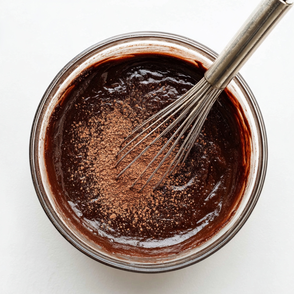 The Best Snickers Cupcakes Recipe 10 Rich glossy chocolate cupcake batter in a clear glass mixing bowl with a metal whisk and cocoa powder sprinkled on top, minimalist baking setup on a clean white background.