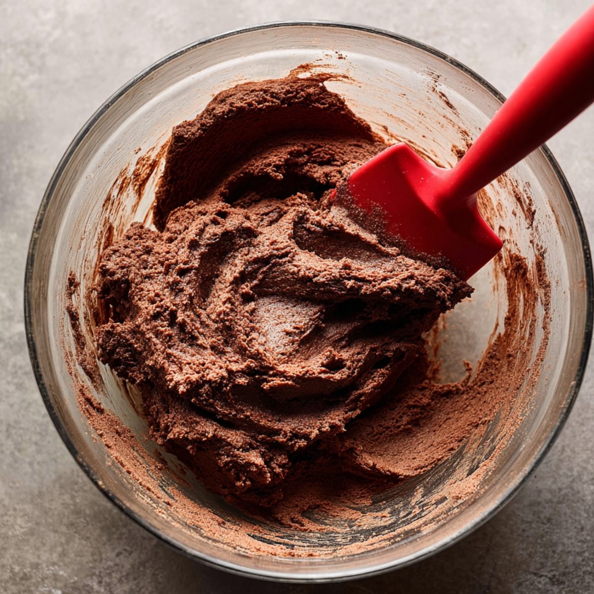 Marshmallow-Surprise Hot Cocoa Cookies 10 Rich chocolate cookie dough being mixed in a glass bowl with a red silicone spatula, showing a thick and fudgy texture before baking.