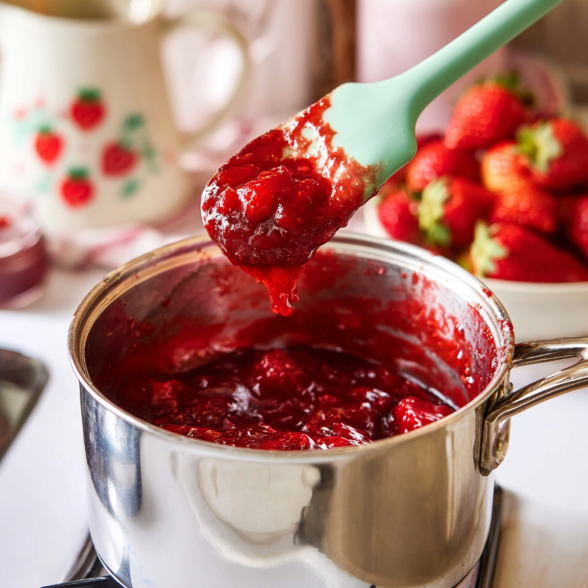 Easy Strawberry Cream Cheese Muffins 10 Homemade strawberry reduction simmering in a stainless steel saucepan, with a silicone spatula lifting thick, glossy strawberry sauce.