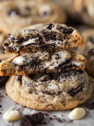 Easy Cookies and Cream Cookies 2 Soft-baked Cookies and Cream Cookies stacked on parchment paper, showing a chewy center filled with crushed Oreo cookies and white chocolate chips.