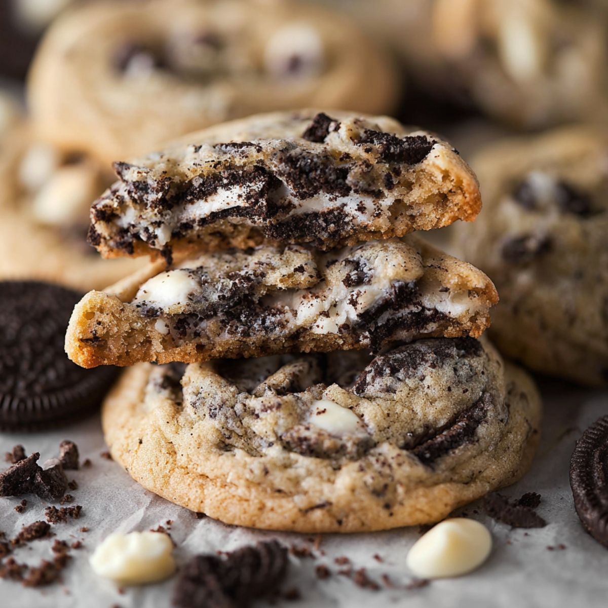 Soft-baked Cookies and Cream Cookies stacked on parchment paper, showing a chewy center filled with crushed Oreo cookies and white chocolate chips.