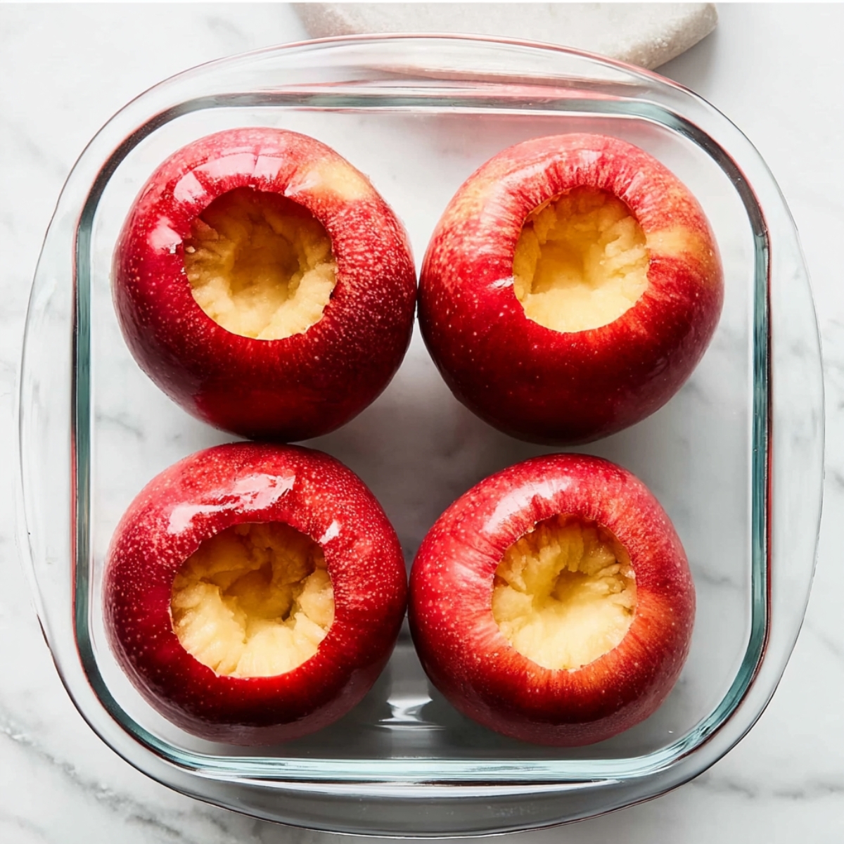 Easy Homemade Baked Apples Recipe 11 Overhead view of four red apples with neatly cored centers arranged in a square glass baking dish, prepared and ready for stuffing on a white marble countertop.