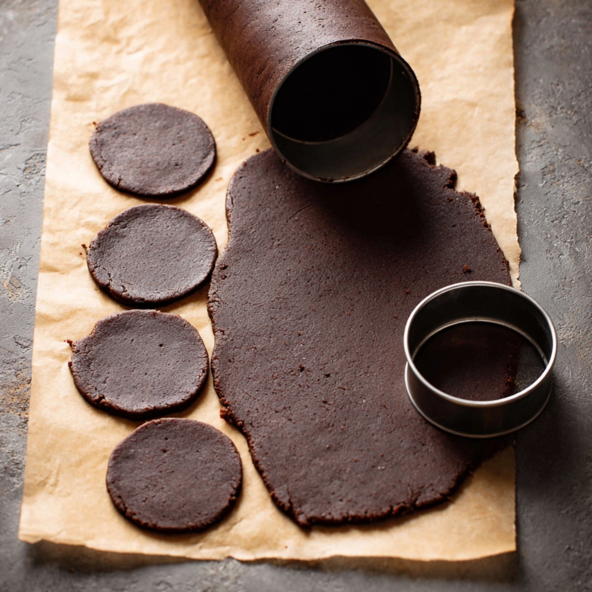 Homemade Thin Mint Cookies Recipe 11 Chocolate cookie dough rolled out on parchment paper with round cookie cutouts and metal cookie cutters, preparing homemade chocolate mint cookies from scratch.