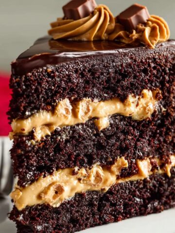 Espresso Chocolate Chip Cake 2 Slice of Espresso Chocolate Chip Cake with creamy coffee buttercream filling and glossy chocolate ganache topping, decorated with frosting swirls and chocolate pieces, served on a white plate with red cloth background, decadent dessert close-up.