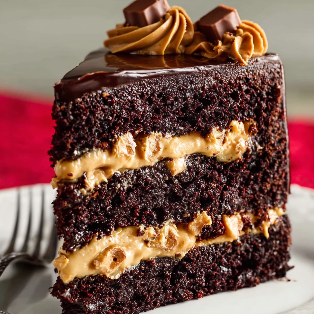 Slice of Espresso Chocolate Chip Cake with creamy coffee buttercream filling and glossy chocolate ganache topping, decorated with frosting swirls and chocolate pieces, served on a white plate with red cloth background, decadent dessert close-up.