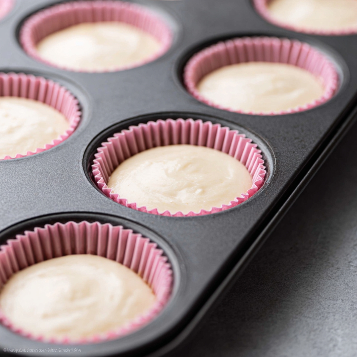 Strawberry Nutella Cupcakes Recipe 10 Vanilla cupcake batter portioned into pink paper liners in a nonstick muffin tin, ready for baking.