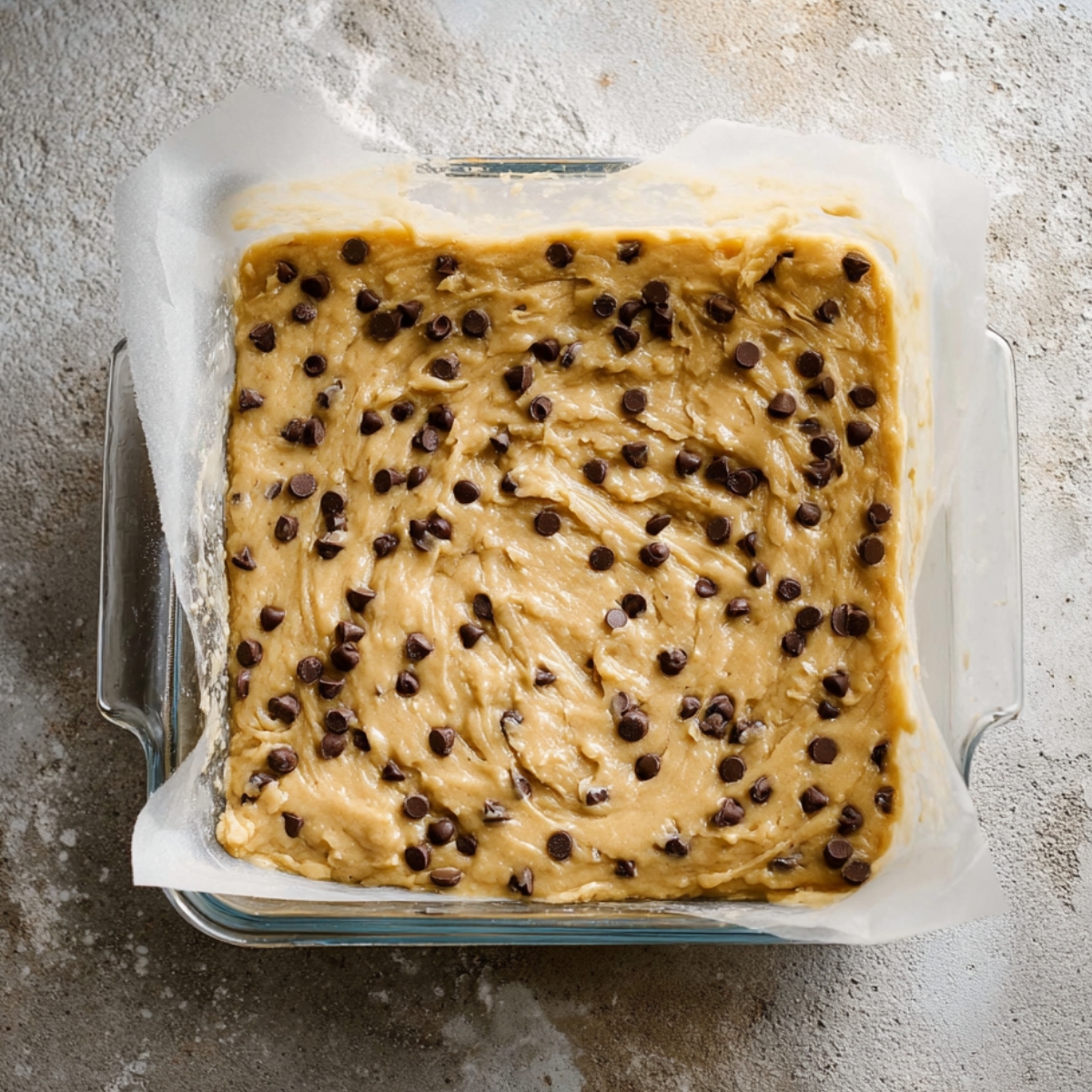 Easy Banana Bars with Chocolate Chips 11 Banana chocolate chip bar batter spread in a parchment-lined square baking dish, topped with mini chocolate chips and ready for baking.