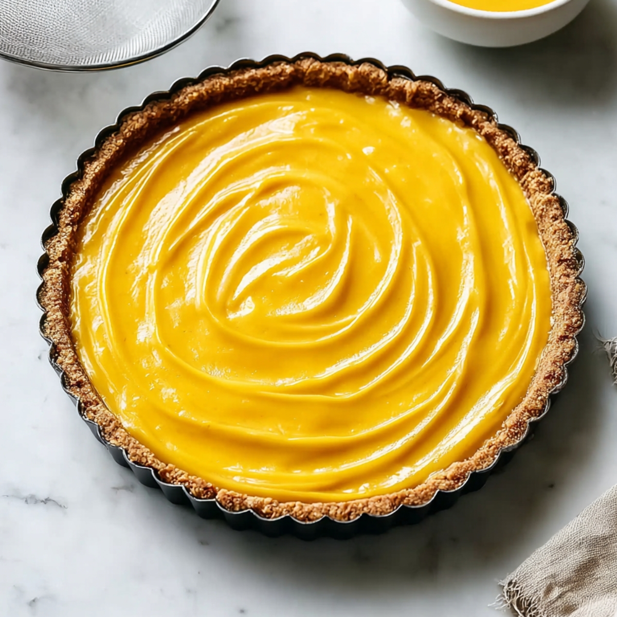 Easy Mango Curd Tart Recipe 11 Smooth mango curd tart filling swirled into a buttery fluted tart crust, photographed from above on a white marble surface with bright natural light and elegant baking styling.