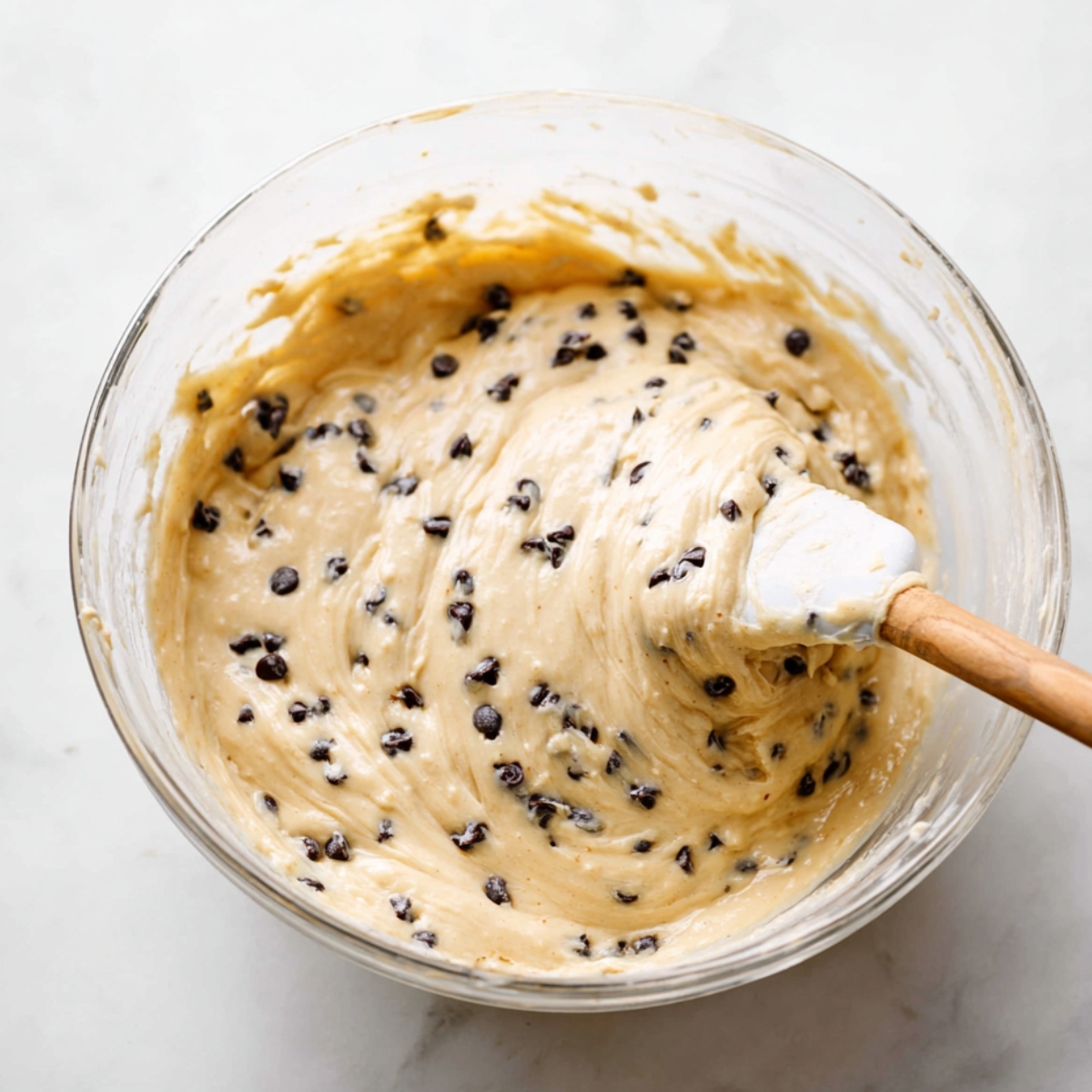 Chocolate Chip Loaf Cake Recipe 10 Vanilla loaf cake batter folded with mini chocolate chips in a clear glass mixing bowl, stirred with a silicone spatula on a marble countertop.