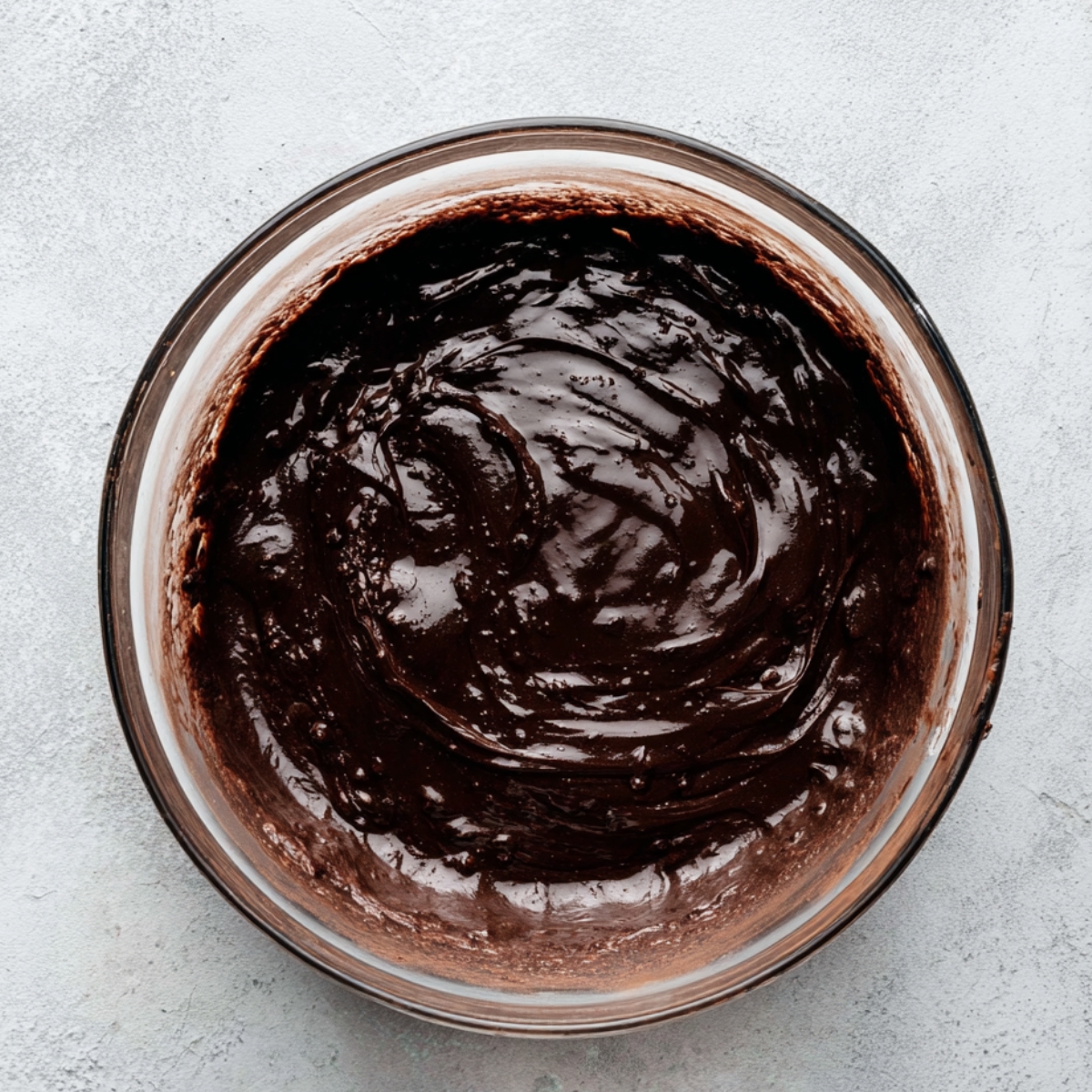 Easy Marshmallow Brownies Recipe 11 Overhead view of glossy dark chocolate brownie batter in a clear glass mixing bowl on a light gray surface, showing a thick, rich, fudgy texture ready for marshmallow brownies.