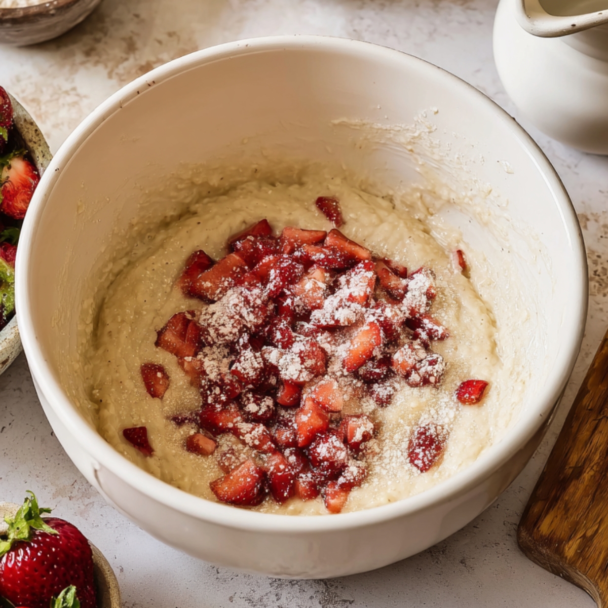 Easy Strawberry Cream Cheese Muffins 11 Bowl of vanilla muffin batter topped with diced fresh strawberries dusted with flour, ready to be folded in for strawberry cream cheese muffins.