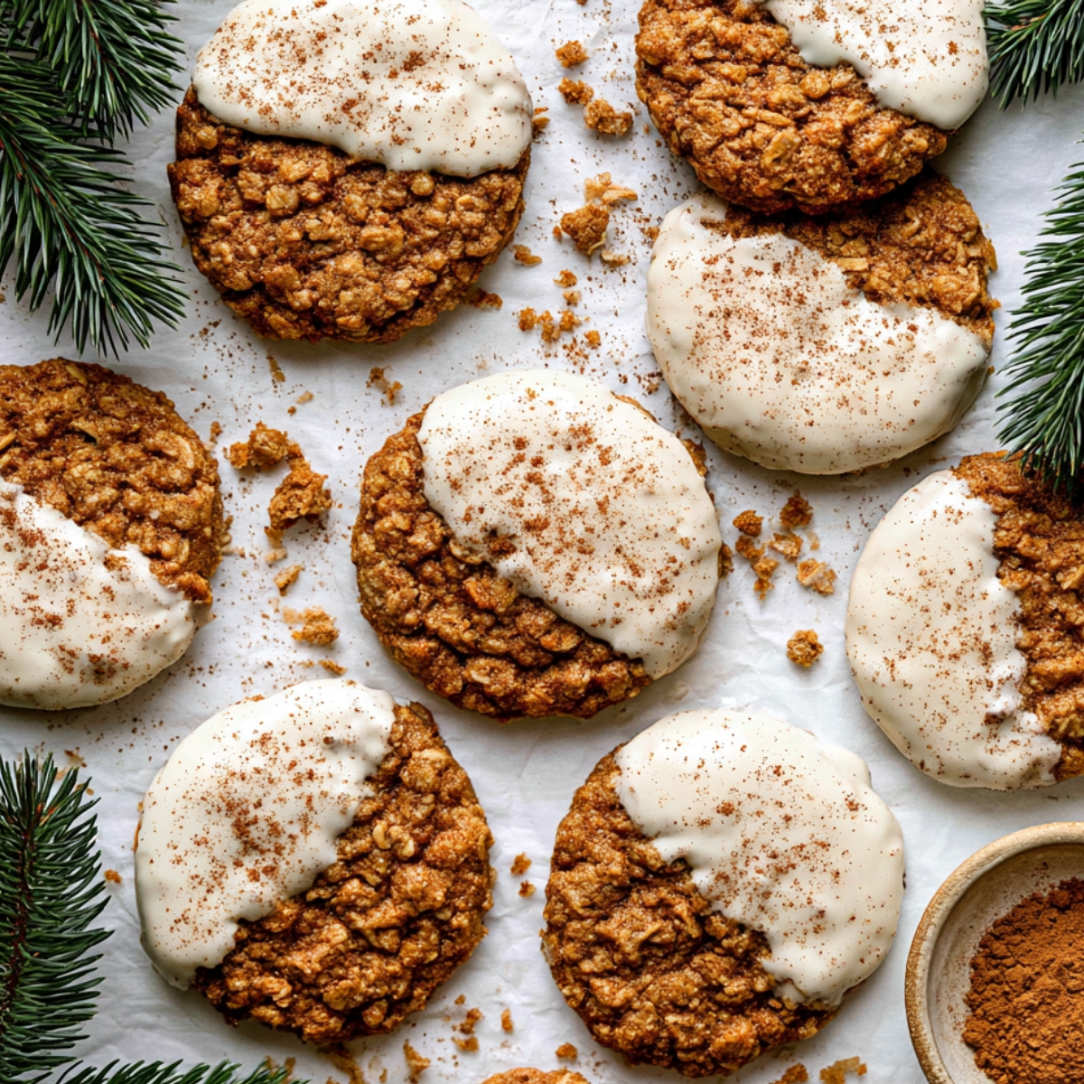Easy Gingerbread Latte Cookies Recipe 9 Soft Gingerbread Latte Cookies dipped in creamy vanilla latte glaze and dusted with cinnamon, arranged on parchment paper with evergreen sprigs.