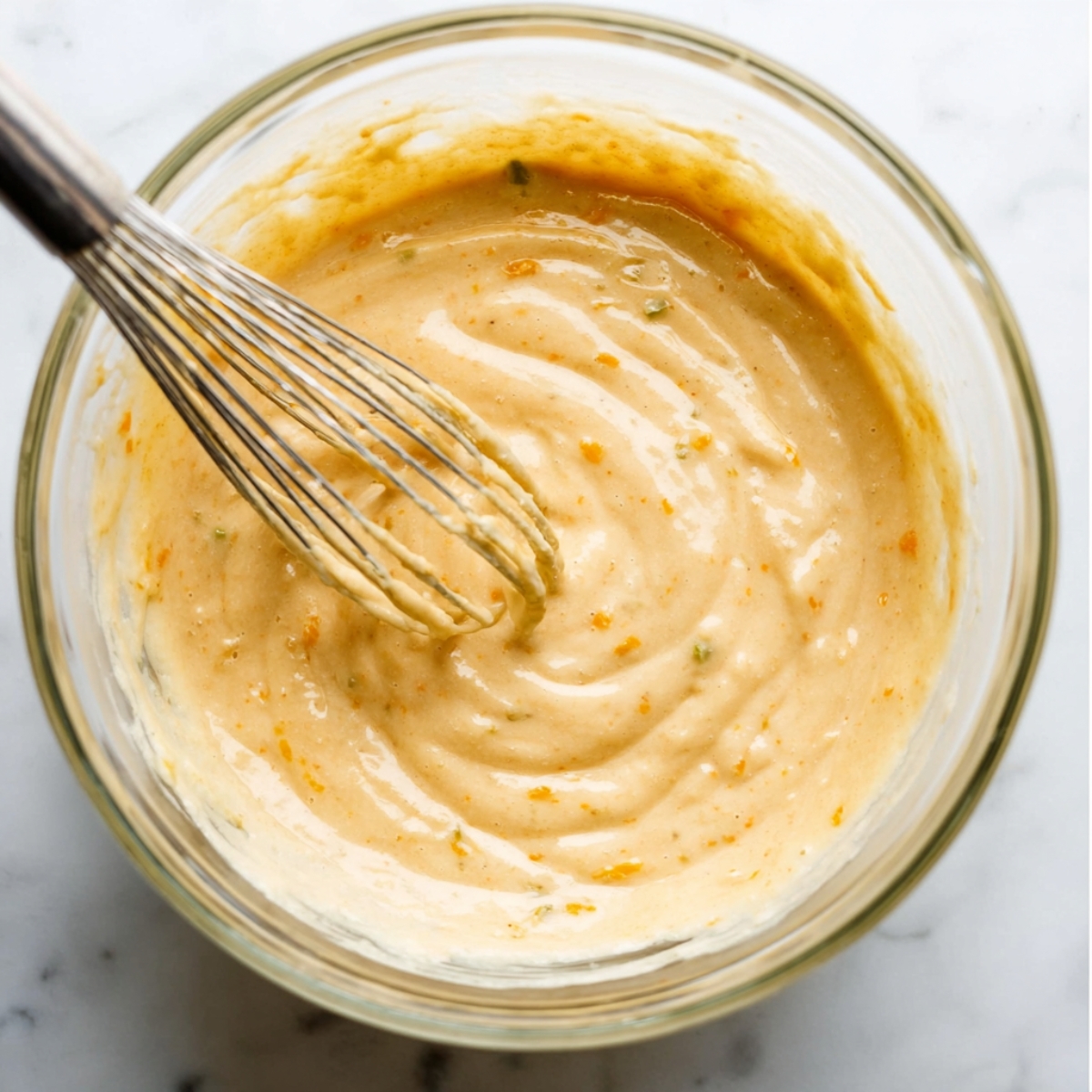 Easy Sunshine Citrus Cake Recipe 10 Whisk stirring smooth citrus cake batter in a clear glass mixing bowl, showing a creamy texture with visible orange zest flecks on a light marble surface.