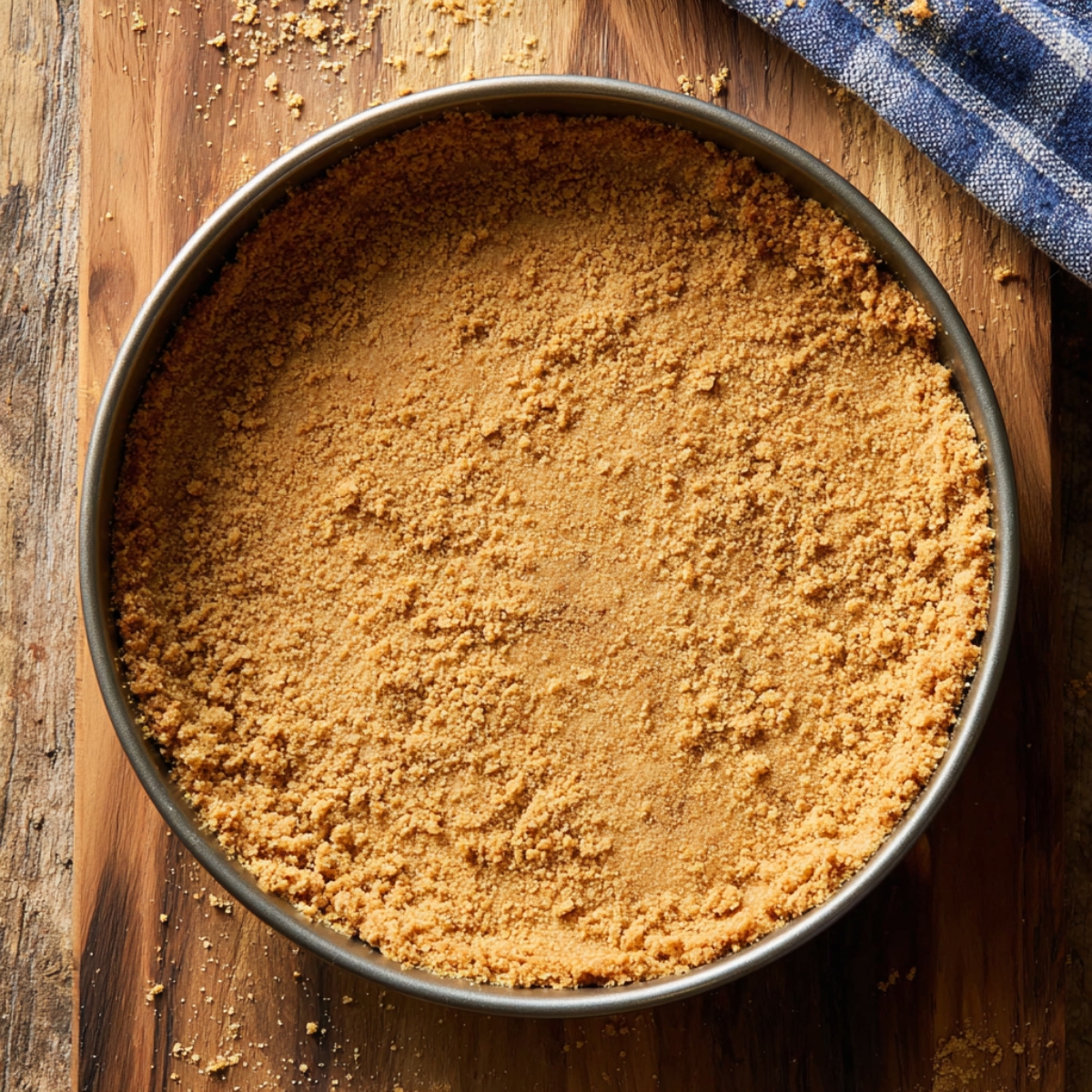 The Best Peach Cheesecake Recipe 10 Homemade graham cracker crust pressed into a round springform pan on a wooden surface, prepared for cheesecake filling.
